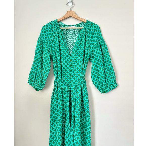 ITAMI Green Geometric Print Boho Style Belted Midi Button Linen Blend Dress - Picture 1 of 11